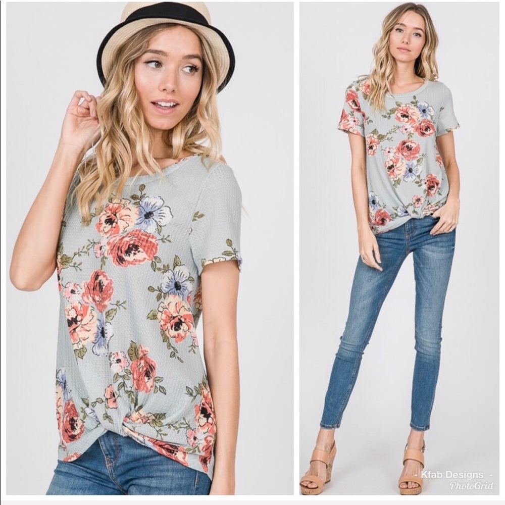 NEW! Waffle Knit Sage Green Floral Front Knot Top!